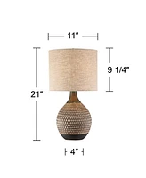 Emma Mid Century Modern Style Accent Table Lamp 21" High Brown Textured Wood Ceramic Oatmeal Fabric Drum Shade Decor for Living Room Bedroom House Bed