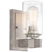 Poetry Rustic Farmhouse Industrial Wall Sconce Lighting Gray Wood Finish Grain Brushed Nickel Hardwired 9" High Fixture Seedy Glass for Bedroom Bathro