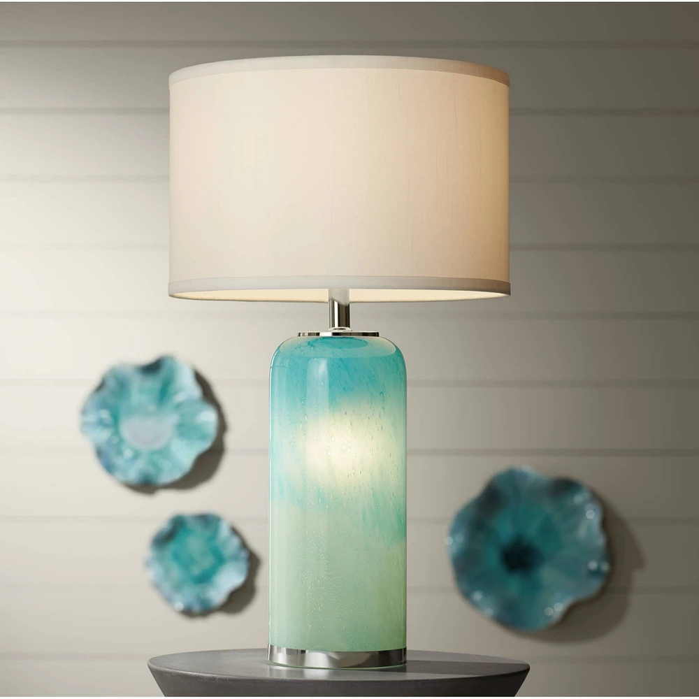 Nimbus Modern Accent Table Lamp 22" High with Led Nightlight Blue Art Glass Column White Drum Shade for Bedroom Living Room House Home Bedside Nightst