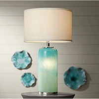 Nimbus Modern Accent Table Lamp 22" High with Led Nightlight Blue Art Glass Column White Drum Shade for Bedroom Living Room House Home Bedside Nightst