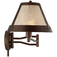 Samuel Rustic Mission Swing Arm Wall Lamp Industrial Bronze Plug-In Light Fixture Natural Blonde Mica Mineral Shade for Bedroom Bedside House Reading