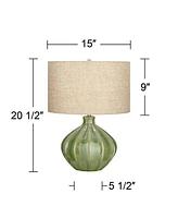 Gordy Modern Accent Table Lamp Handcrafted 20.5" High Ribbed Green Ceramic Oatmeal Fabric Drum Shade Decor for Living Room Bedroom House Bedside Night