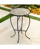 Mother of Pearl Modern Black Metal Round Outdoor Accent Side Tables 14" Wide Set of 2 Natural Mosaic Tile Tabletop Curved Legs for Spaces Porch Patio