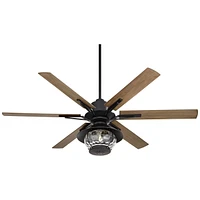 Casa Vieja 60" Expedition Modern Outdoor Ceiling Fan with Led Light Remote Control Matte Black Oak Wood Lantern Shade Damp Rated for Patio Exterior Ho