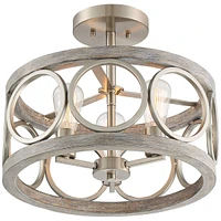 Franklin Iron Works Salima Farmhouse Rustic Industrial Ceiling Light Semi Flush Mount Fixture 16" Wide 3-Light Brushed Nickel Gray Wood Finish Drum Sh