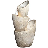 Three Urn with Leaves Asian Indoor Outdoor Floor Water Fountain with Light Led 30" High Cascading Resin for Garden Patio Backyard Deck Home Lawn Porch