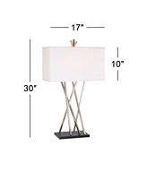 Modern Table Lamp 30" Tall Brushed Nickel Silver Open Asymmetry Metal White Linen Rectangular Box Shade for Bedroom Living Room House Home Bedside Nig