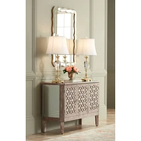 Traditional Table Lamp 31" Tall Brass Gold Faceted Clear Crystal White Flared Bell Fabric Shade for Bedroom Living Room Nightstand Bedside Office Hous