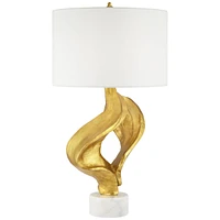 Hera Modern Glam Luxury Table Lamp Decor 31" Tall Sculptural Gold Leaf White Fabric Drum Shade Marble Base for Living Room Bedroom House Bedside Night