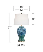 Asian Modern Table Lamp 27" Tall Teal Glaze Textured Ceramic Temple Jar White Tapered Drum Shade for Bedroom Living Room House Home Bedside Nightstand