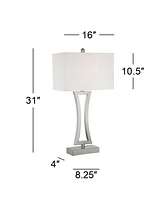 Roxie Modern Table Lamps 31" Tall Set of 2 Brushed Nickel Silver Metal Off White Fabric Rectangular Shade for Bedroom Living Room House Bedside Nights