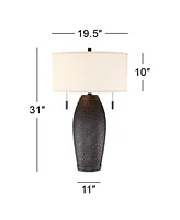 Noah Rustic Farmhouse Table Lamp 31" Tall Bronze Brown Hammered Textured Oatmeal Fabric Drum Shade for Bedroom Living Room House Bedside Nightstand Ho