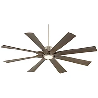 Possini Euro Design 60" Defender Modern Large Outdoor Ceiling Fan with Led Light Remote Control Brushed Nickel Weathered Oak Blades Dimmable Damp Rate