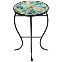 Dragonfly Scene Black Metal Round Outdoor Accent Side Tables 14" Wide Set of 2 Blue Mosaic Tile Tabletop Gracefully Curved Legs Spaces Porch Patio Hom