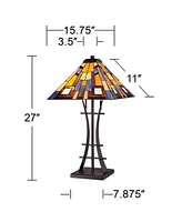 Jewel Tone Mission Tiffany Style Table Lamp 27" Tall Iron Bronze Geometric Antique Stained Glass Art Shade Decor for Living Room Bedroom House Bedside