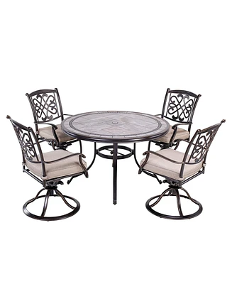 Mondawe 5-Piece Cast Aluminum Outdoor Dining Set with Round Umbrella Table and 4 Swivel Chairs with Cushions