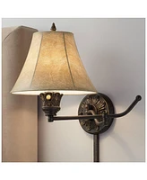 Rosslyn Rustic French Country Swing Arm Wall Lamps Set of 2 Bronze Plug-In Light Fixture Faux Leather Bell Shade for Bedroom Bedside House Reading Liv