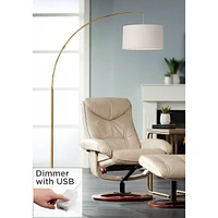 Cora Mid Century Modern Arc Lamps Floor Standing with Usb Charging Port 72" Tall Brass Metal White Linen Fabric Drum Shade for Living Room Reading Hou