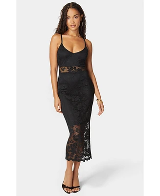 Bebe Women's Marseille Lace V Neck Illusion Midi Dress