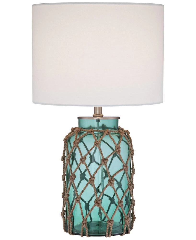 360 Lighting Crosby Coastal Beach Style Accent Table Lamp with Table Top Dimmer 22.5" High Blue Green Glass Rope Netting Off White Fabric Drum Shade f