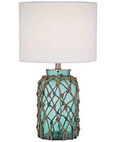 360 Lighting Crosby Coastal Beach Style Accent Table Lamp with Table Top Dimmer 22.5" High Blue Green Glass Rope Netting Off White Fabric Drum Shade f