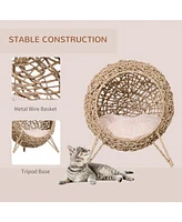 PawHut 20.5" Rattan Cat Bed, Elevated Wicker Kitten House Round Condo with Cushion, Natural