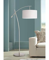 Possini Euro Design Modern Standing Arc Floor Lamp Adjustable Boom Arm 69" Tall Brushed Nickel Off White Linen Fabric Drum Shade Decor for Living Room
