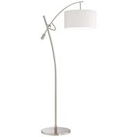 Possini Euro Design Modern Standing Arc Floor Lamp Adjustable Boom Arm 69" Tall Brushed Nickel Off White Linen Fabric Drum Shade Decor for Living Room