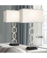 360 Lighting Evan Modern Table Lamps 28 1/2" Tall Set of 2 with Usb Charging Port Brushed Nickel Silver White Rectangular Shade for Bedroom Living Roo