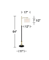 Possini Euro Design Burbank Modern Downbridge Floor Lamp 64" Tall Black Brass Gold Metal Linen Drum Shade for Living Room Reading Bedroom Home Office