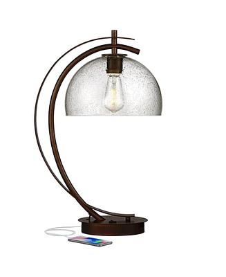 Possini Euro Design Calvin Modern Vintage like Accent Table Lamp with Usb Port Filament Led 22.5" High Bronze Metal Glass Dome Shade for Living Room D