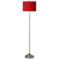 Possini Euro Design Modern Minimalist Pole Floor Lamp Standing 62" Tall Brushed Nickel China Red Textured Faux Silk Fabric Drum Shade for Living Room