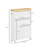 Kleankin Slim Bathroom Cabinet with Castor Wheels Storage Organizer and Wood Shelves To Fit In Small Spaces, White