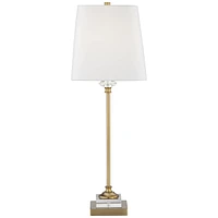 Regency Hill Julia Traditional Glam Luxury Style Buffet Table Lamp with Table Top Dimmer 29.5" Tall Skinny Gold Brass Crystal Glass White Fabric Squar