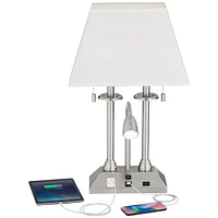 Dexter Modern Table Lamp 26" High with Usb and Ac Power Outlet in Base Brushed Nickel Led Reading Light White Linen Shade for Bedroom Living Room Hous