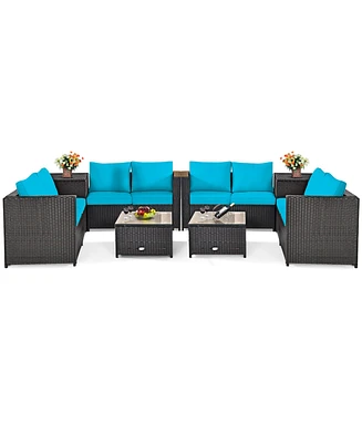 Costway 8PCS Outdoor Patio Rattan Furniture Set Cushion Loveseat Storage Table Turquoise