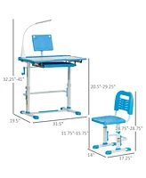 Qaba Kids Desk and Chair Set, Height Adjustable School Study Table and Chair, Student Writing Desk with Tilt Desktop, Led Lamp, Pen Box, Drawer