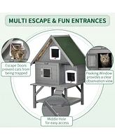 PawHut Large 3-Story Outdoor Cat House Weatherproof Roof, Wooden Outdoor Cat Shelter with Fun Design, Stuff for Cat Gifts, Catio Outdoor Cat Enclosure