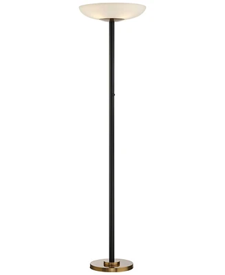 Possini Euro Design Meridian Light Blaster Modern Style Torchiere Floor Lamp Led 72" Tall Black Antique Brass Metal White Glass Shade for Living Room