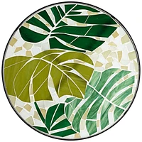 Tropical Leaves Black Metal Round Outdoor Accent Side Table 14" Wide Green Mosaic Tabletop Gracefully Curved Legs for Spaces Front Porch Patio Home Ho