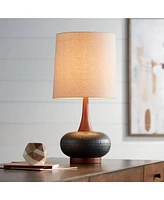 360 Lighting Andi Mid Century Modern Table Lamp 24.5" High Hammered Bronze Ceramic Wood Off White Tall Drum Shade for Living Room Bedroom House Bedsid