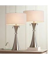 360 Lighting Rachel Modern Art Deco Table Lamps 28" Tall Set of 2 Concave Column Hourglass Silver Metal White Drum Shade for Living Room Bedroom House