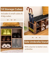 Wooden Shoe Bench 10-Cube Storage Organizer with Padded Cushion & Umbrella Holder