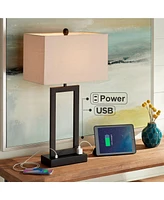 Todd Modern Minimalist Table Lamp with Usb and Ac Power Outlet in Base 30" Tall Bronze Rectangular Oatmeal Fabric Shade for Living Room Bedroom House