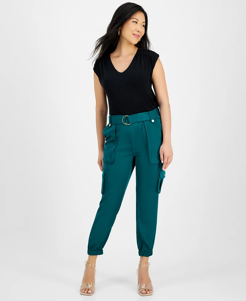 I.n.c. International Concepts Women's High-Rise Belted Satin Cargo Pants, Regular & Petite, Created for Macy's