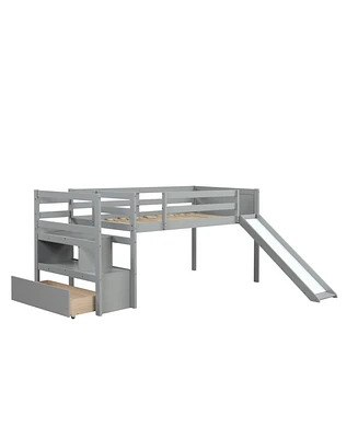 Simplie Fun Twin Low Loft Bed With Stairs And Slide