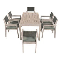 Acacia Wood Outdoor Patio Dining Set with Cushioned Chairs, 7-Piece