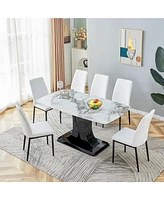 Streamdale Furniture Versatile Marble-Grain Dining Set with Six Faux Leather Chairs