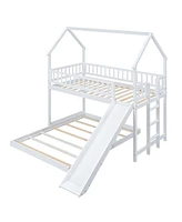 Streamdale Furniture Twin Over Full House Bunk Bed With Slide And Built-In Ladder, Full-Length Guardrail, White