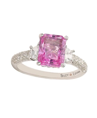 Suzy Levian New York Pink Sapphire & Lab-Grown White Emerald-cut Bridal Ring Sterling Silver by